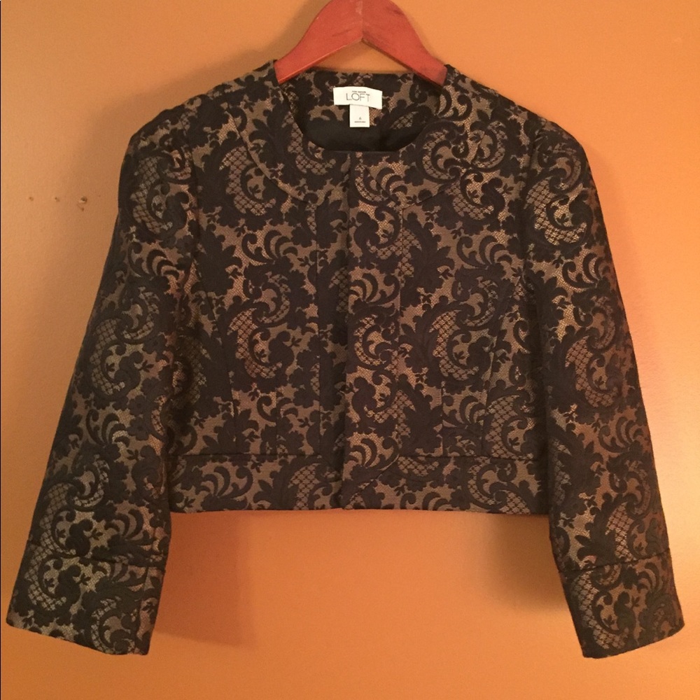 Gold and black brocade cropped jacket by Loft